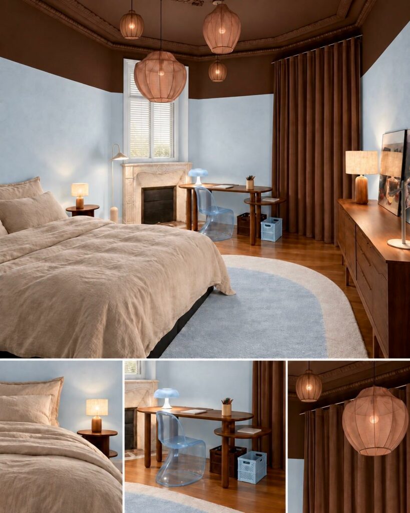 Chambre bleu ciel et chocolat aux suspensions en lin