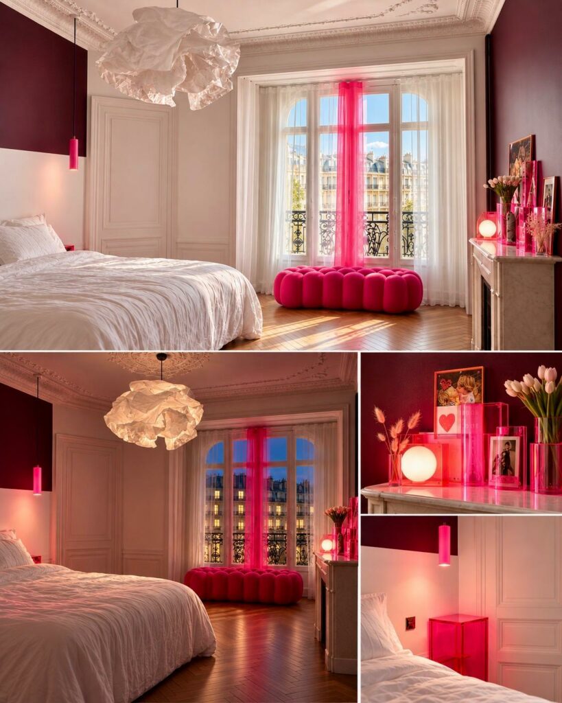 Chambre haussmannienne aux touches rose fuchsia