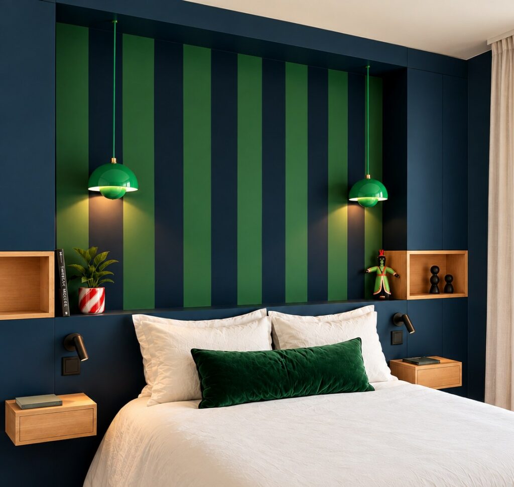 Chambre aux rayures vert et bleu nuit, suspensions vertes