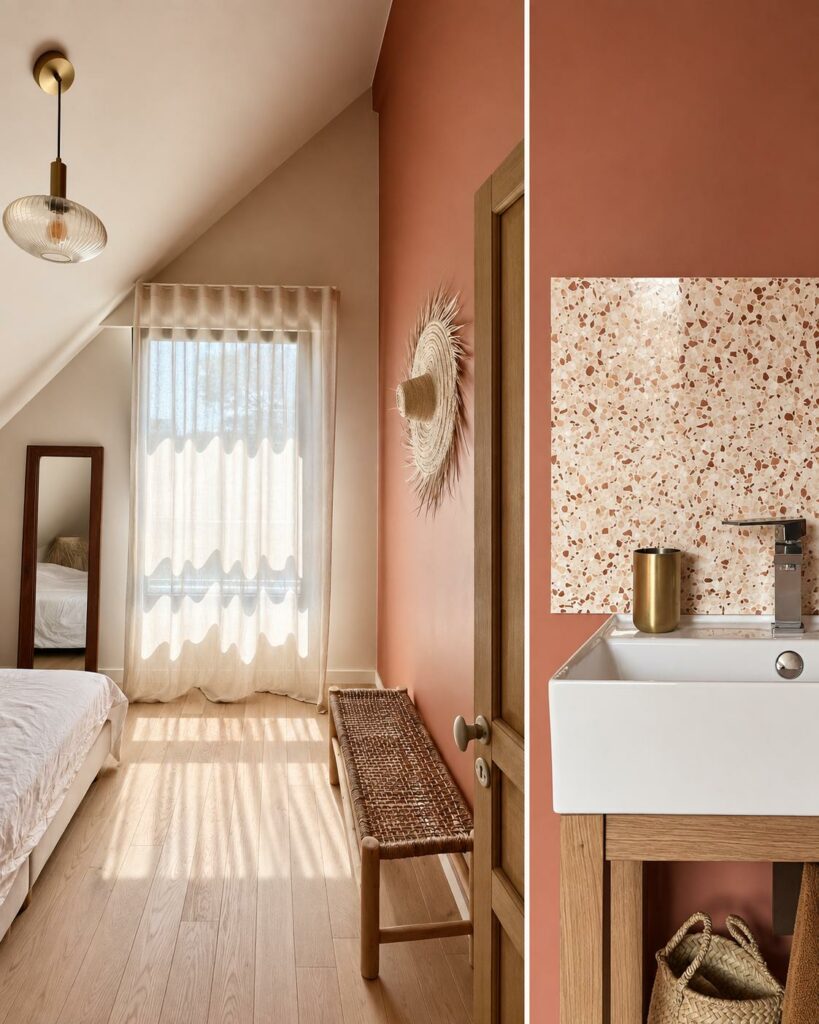 Chambre terracotta et lave-mains en terrazzo