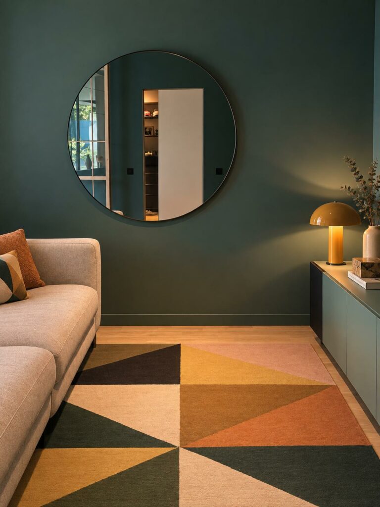 Salon vert profond, miroir rond et tapis graphique