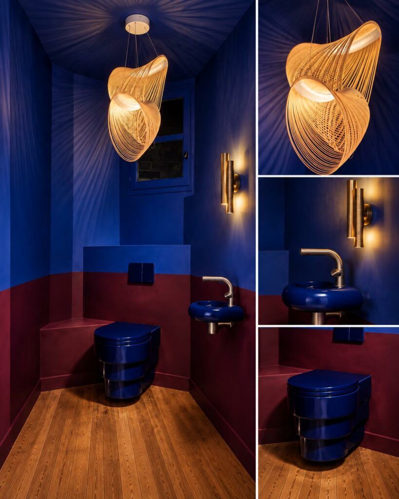 WC bleu et bordeaux, suspension en bois